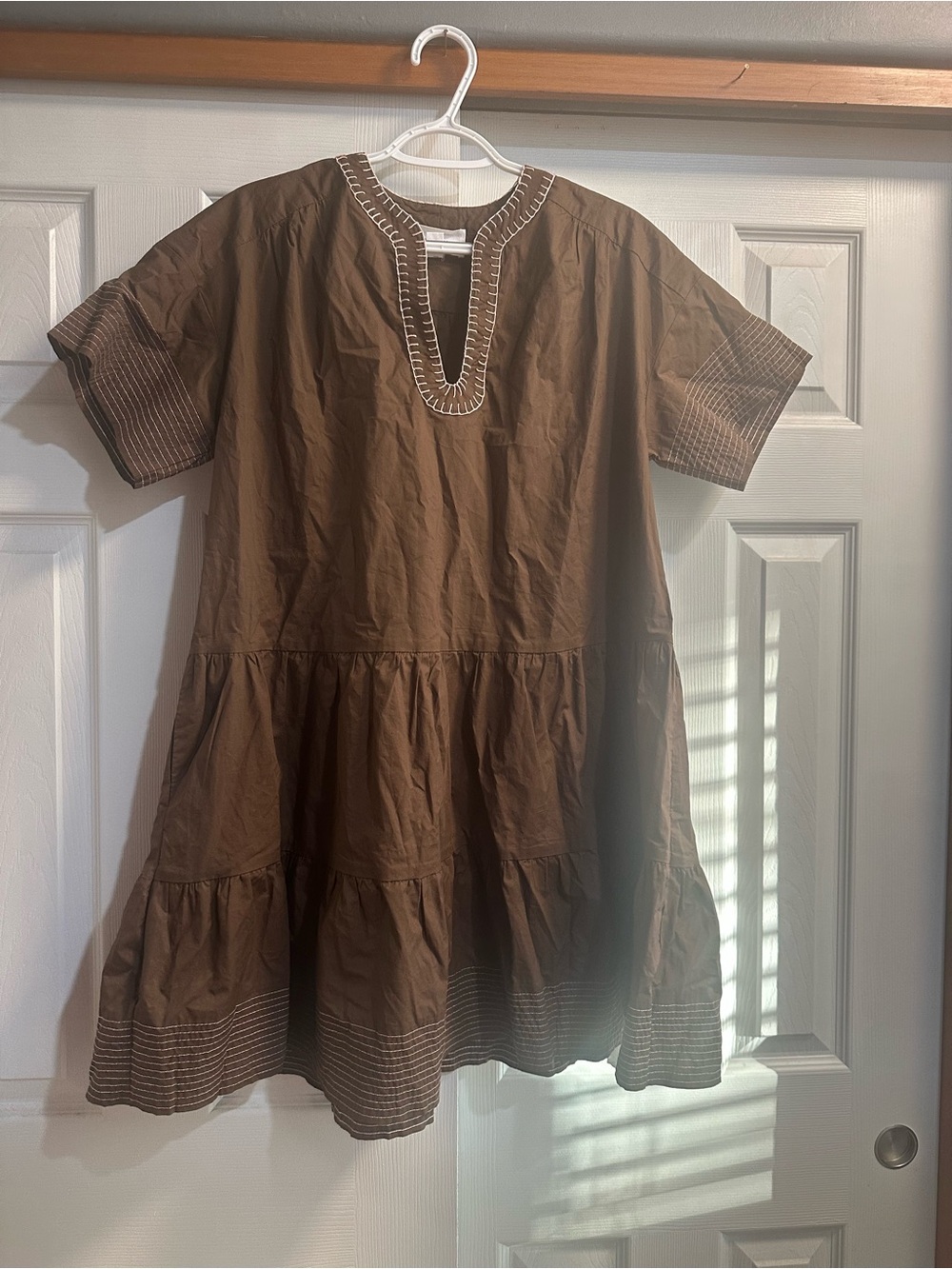 Pomander Place Brown Tiered Tunic Dress with White Trim